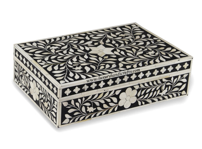 Bone Inlay Box Floral Design Black 1