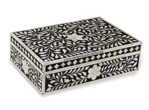 Bone Inlay Box Floral Design Black