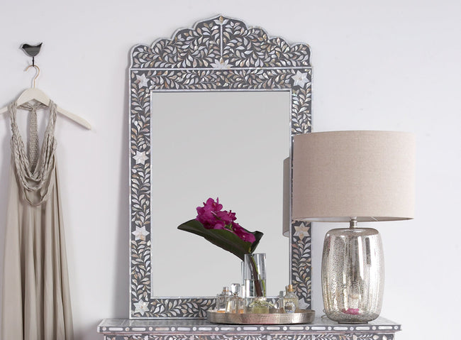Mother Of Pearl Inlay Floral Crested Mirror Grey 1