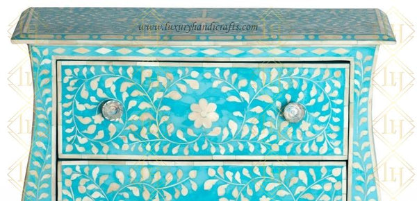 Bone Inlay 2 Drawer Small Chest Curved Legs Turquoise