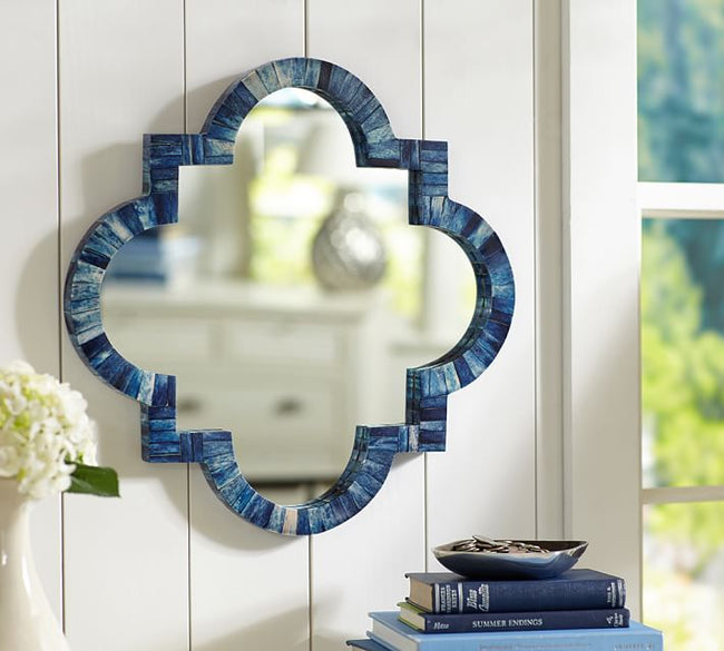 Quatrefoil Colored Bone Inlay Mirror Dark Blue 1