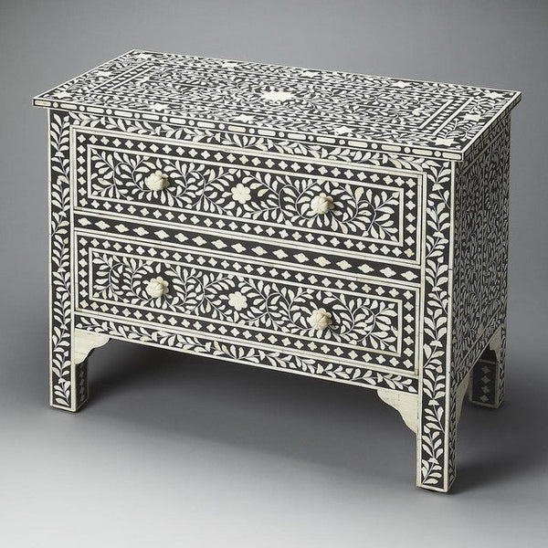 Bone Inlay Floral Chest Of Two Drawer Black