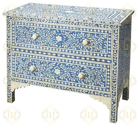 Bone Inlay Floral Chest Of Two Drawer Blue