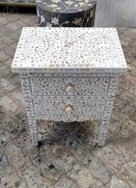 Mehrab Mother Of Pearl Inlay Floral 2 Drawer Bedside White