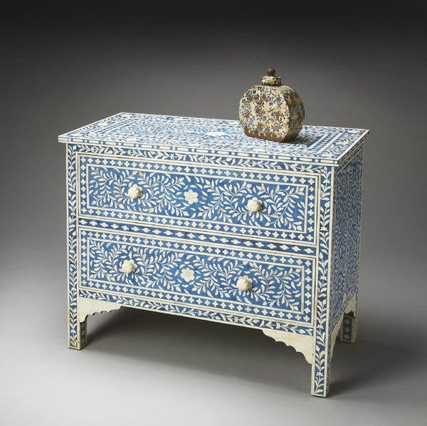 Bone Inlay Floral Chest Of Two Drawer Blue