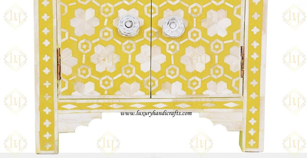 Flower Bone Inlaid 1 Drawer 2 Door Bedside Table Yellow 3