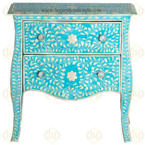Bone Inlay 2 Drawer Small Chest Curved Legs Turquoise