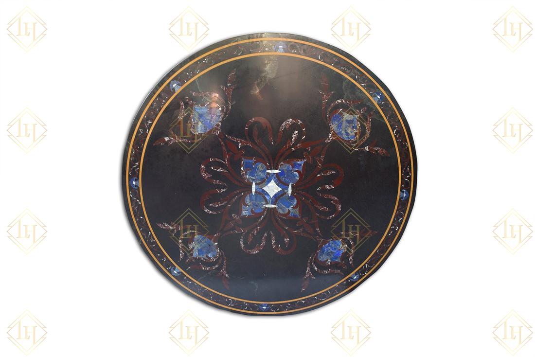 Black Granite Dining Table Top With Gemstones Inlay