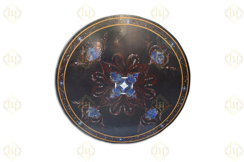 Black Granite Dining Table Top With Gemstones Inlay
