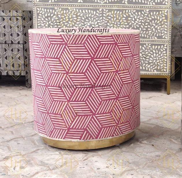 Optical Bone Inlay Round Side Table Wine