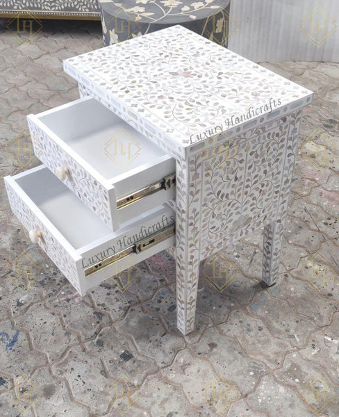 Mehrab Mother Of Pearl Inlay Floral 2 Drawer Bedside White