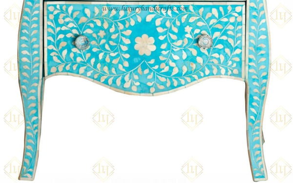 Bone Inlay 2 Drawer Small Chest Curved Legs Turquoise