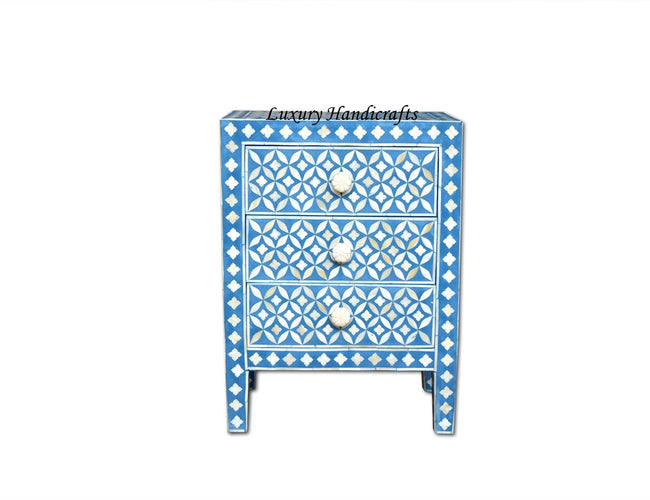 Bedside In Bone Inlay 3 Drawer Geometric Blue 1