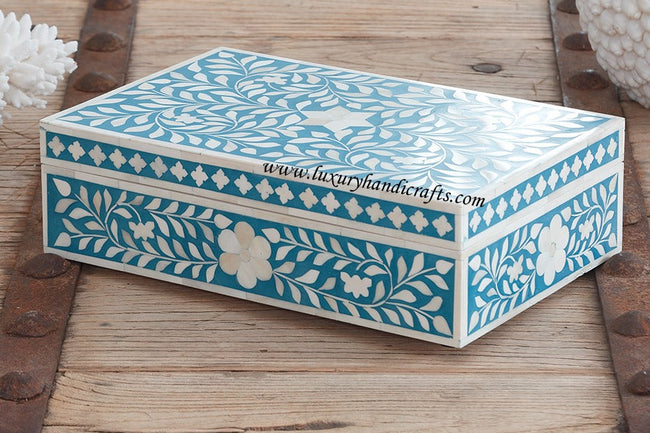 Bone Inlay Box Floral Design Turquoise 1