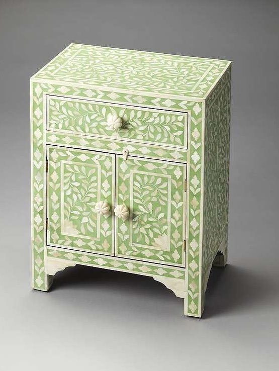 Bone Inlay Floral One Drawer Two Door Bedside Table Green