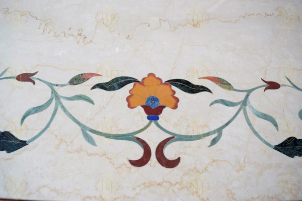 Teak Wood Dining Table With Italian Marble Floral Gemstone Inlay