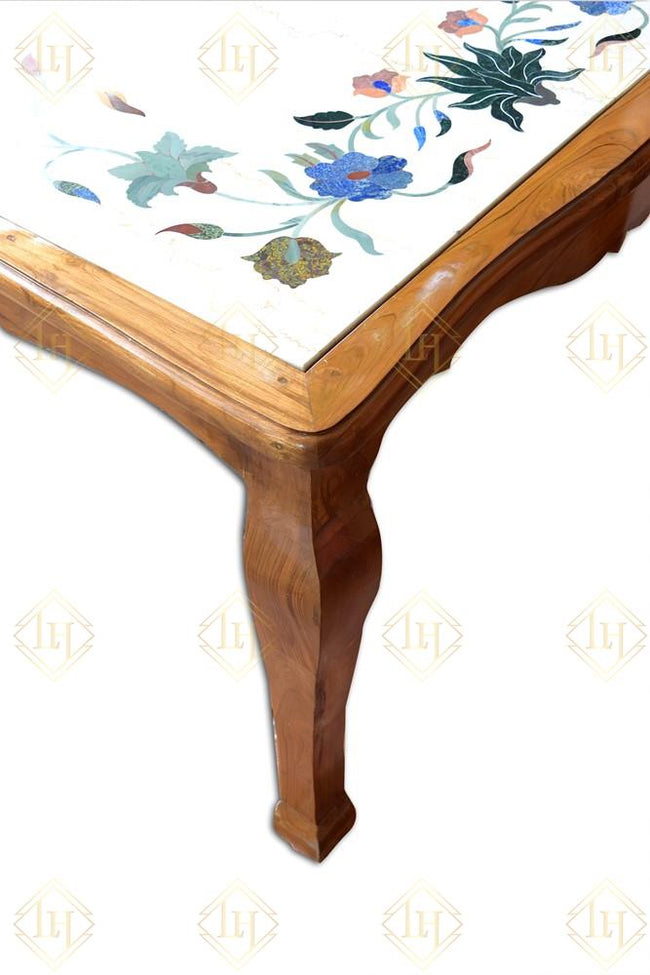 Teak Wood Dining Table With Italian Marble Floral Gemstone Inlay 1