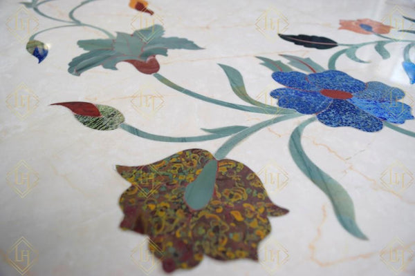Teak Wood Dining Table With Italian Marble Floral Gemstone Inlay
