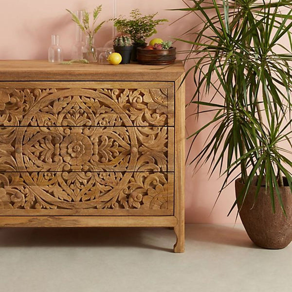 Luxury Handcarved Lombok 3 Drawer Dresser Natural