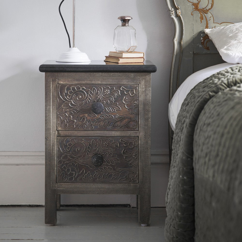 Antique Metal Two Drawer Bedside With Black Granite Top