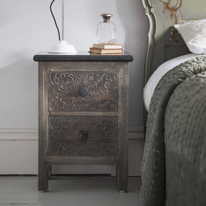 Antique Metal Two Drawer Bedside With Black Granite Top