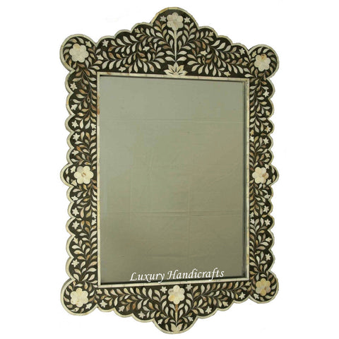 Mother Of Pearl Inlay Scalloped Mirror Black