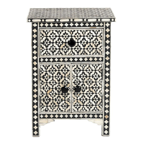 Black Bone Inlay Arctic Bedside 1 Drawer 2 Door Nightstand