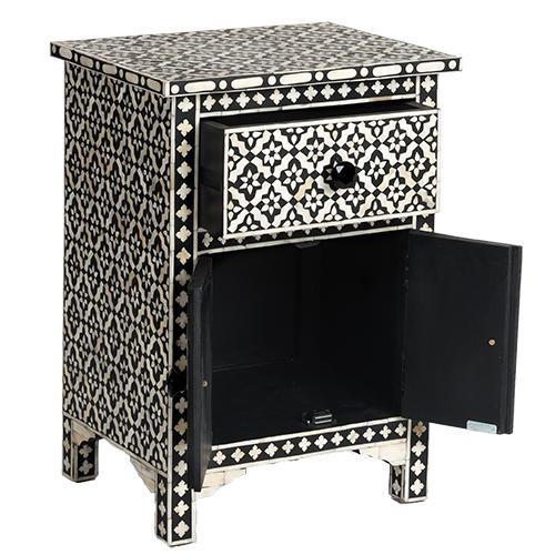 Black Bone Inlay Arctic Bedside 1 Drawer 2 Door Nightstand