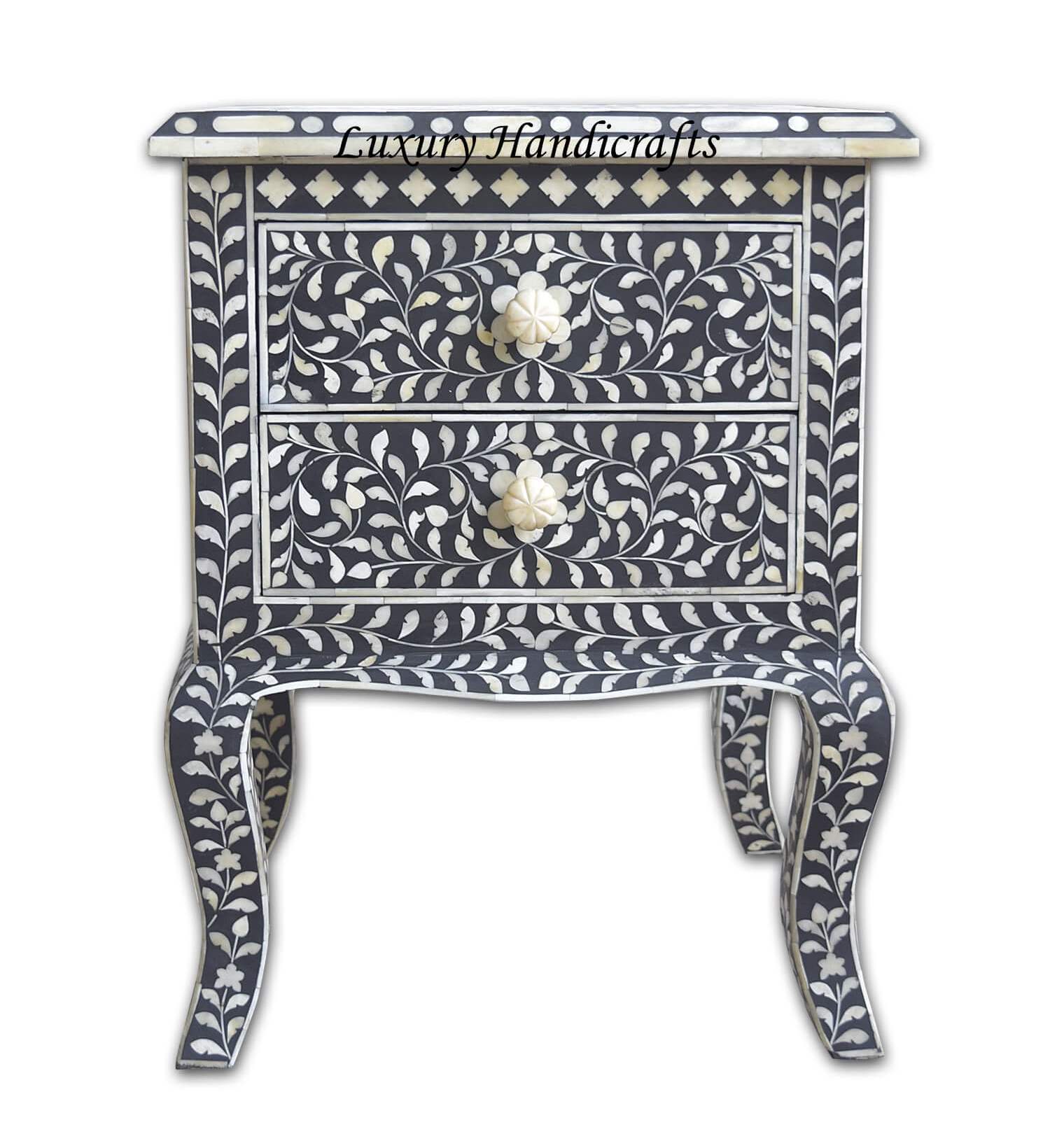 Black Bone Inlay Floral 2 Drawer Curved Leg Bedside 1