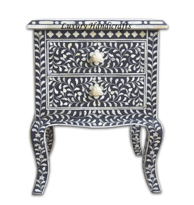 Black Bone Inlay Floral 2 Drawer Curved Leg Bedside 1