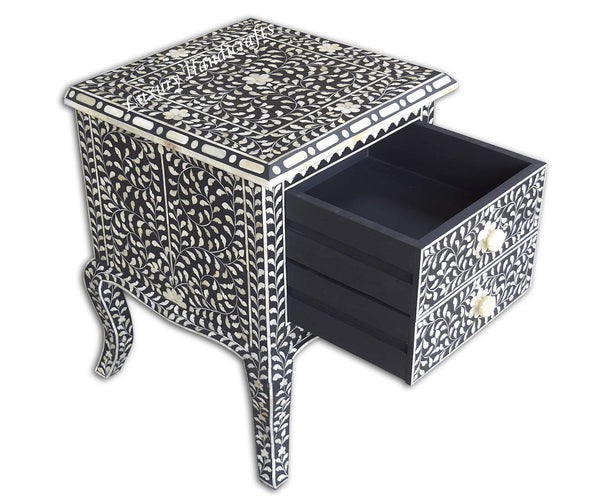 Black Bone Inlay Floral 2 Drawer Curved Leg Bedside 4