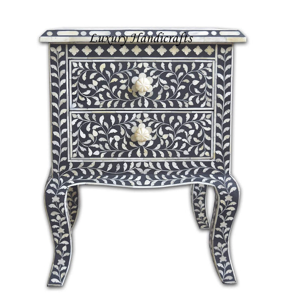 Black Bone Inlay Floral 2 Drawer Curved Leg Bedside 1