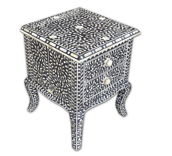 Black Bone Inlay Floral 2 Drawer Curved Leg Bedside 3