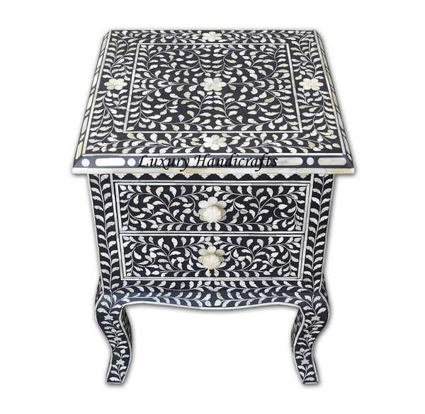 Black Bone Inlay Floral 2 Drawer Curved Leg Bedside 2