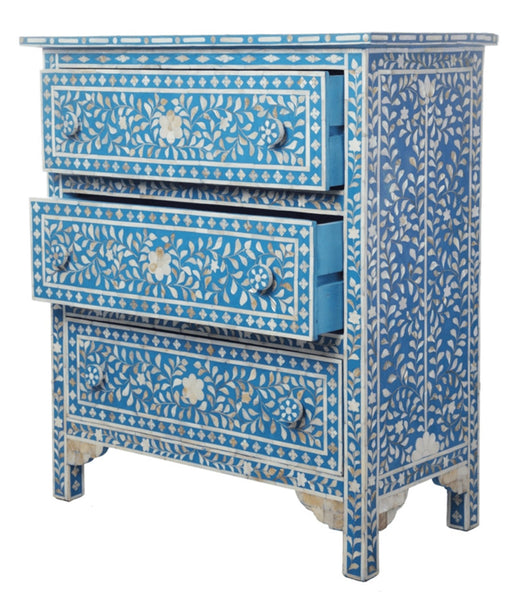 Blue Mother Of Pearl Inlay 3 Drawer Chest Floral