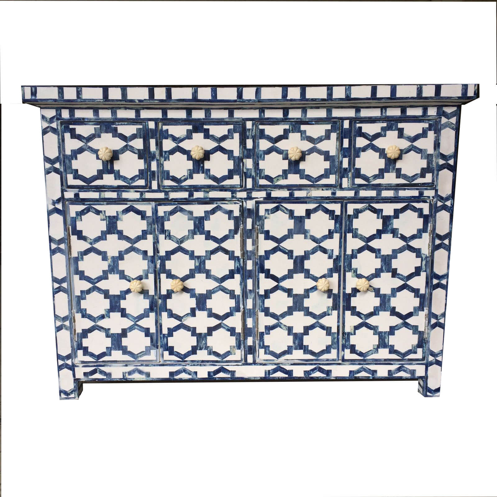 Blue Colored Bone Inlay Cabinet 4 Drawer 2 Cupboard 1
