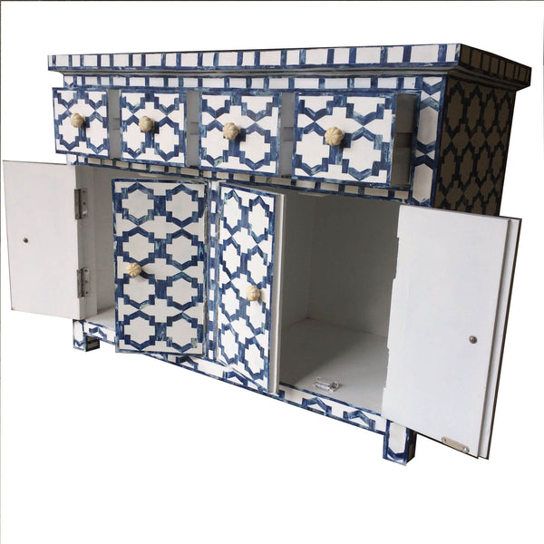 Blue Colored Bone Inlay Cabinet 4 Drawer 2 Cupboard 3