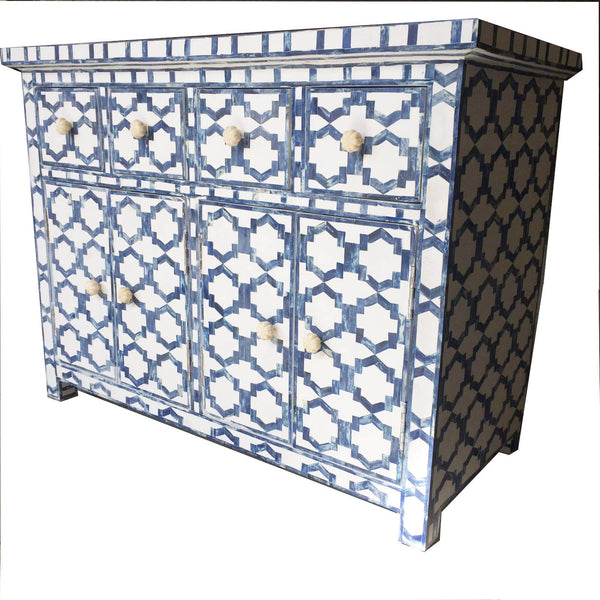 Blue Colored Bone Inlay Cabinet 4 Drawer 2 Cupboard 2