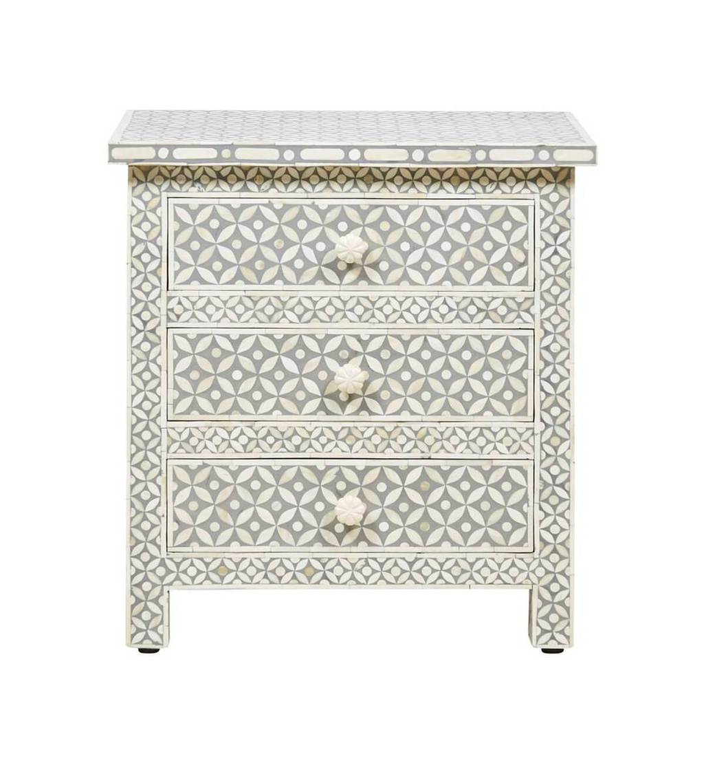 Grey Bone Inlay 3 Drawer Bedside Geometric