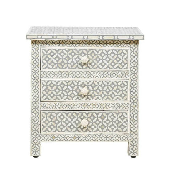 Grey Bone Inlay 3 Drawer Bedside Geometric