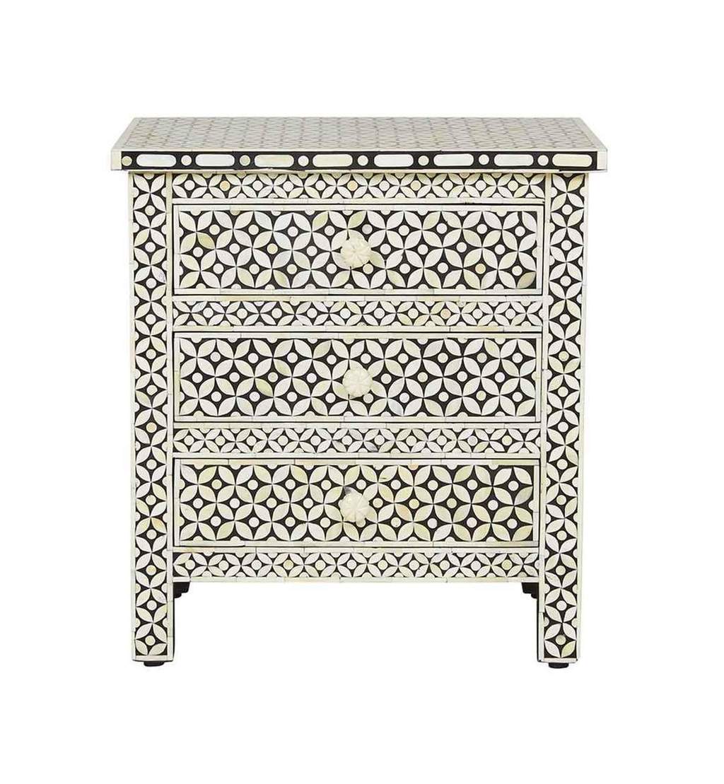 Black Bone Inlay 3 Drawer Bedside Geometric 1