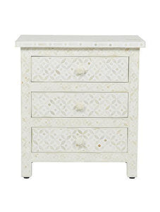 White Bone Inlay 3 Drawer Bedside Geometric