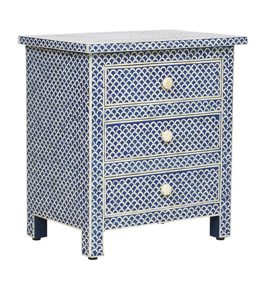 Bone Inlay Fishscale 3 Drawer Bedside Blue