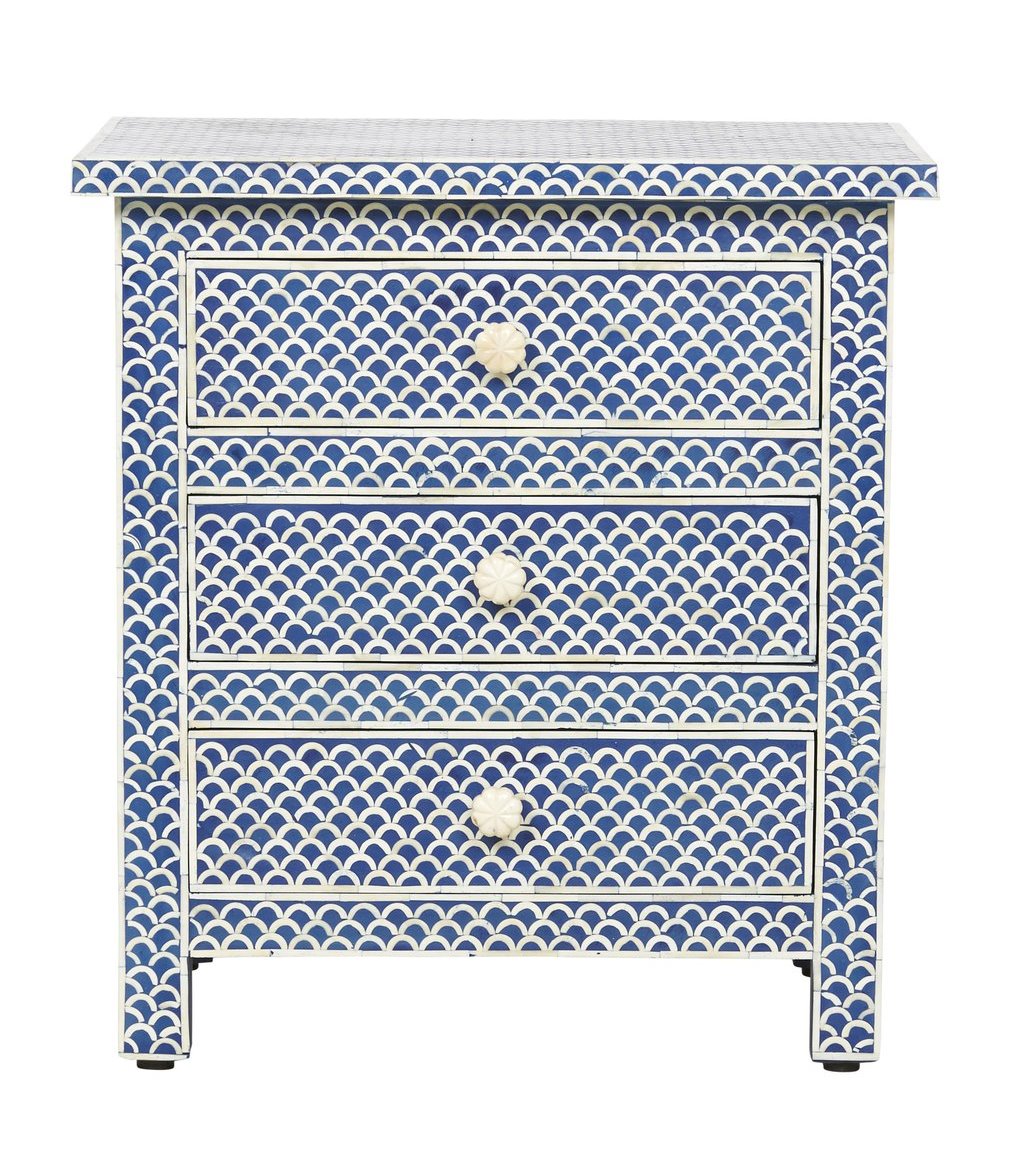Bone Inlay Fishscale 3 Drawer Bedside Blue