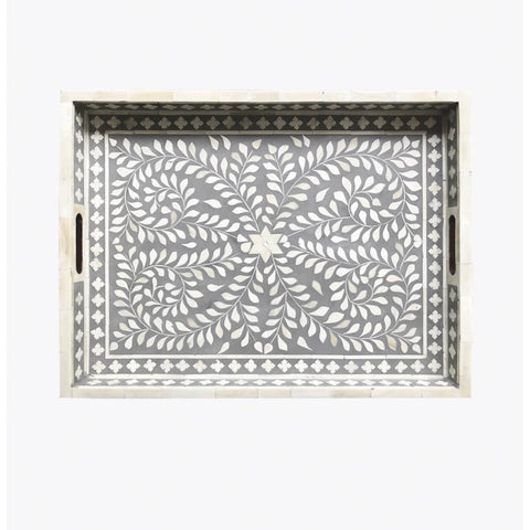 Grey Bone Inlaid Rectangular Tray Floral Design