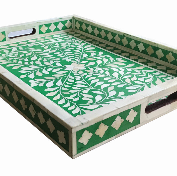Green Bone Inlaid Rectangular Tray Floral Design