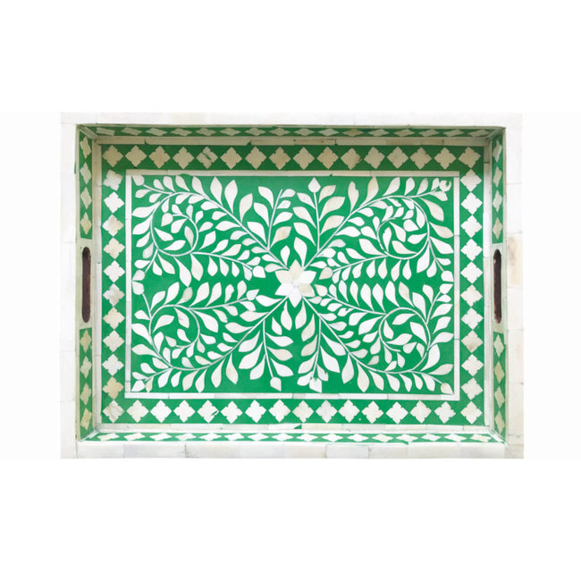 Green Bone Inlaid Rectangular Tray Floral Design 1