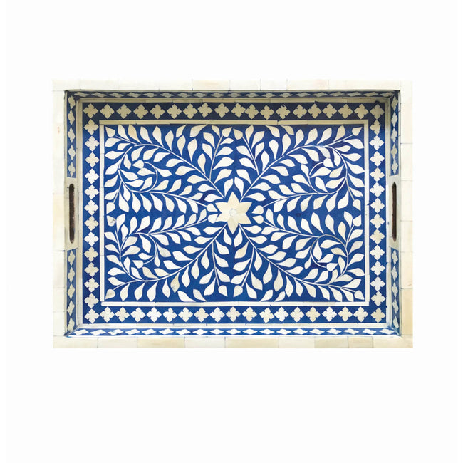 Blue Bone Inlaid Rectangular Tray Floral Design 1