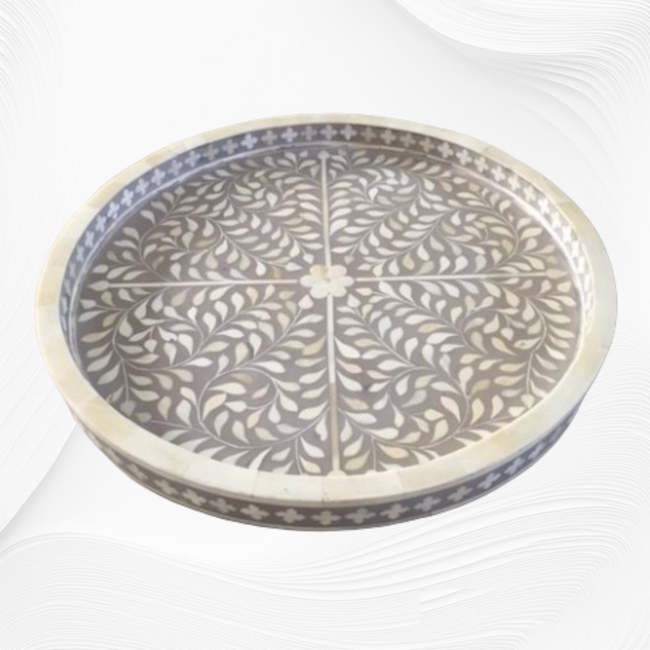 Small Round Bone Inlay Tray Floral Design Grey