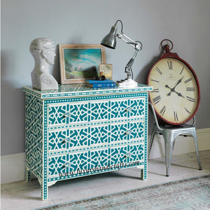 Green Bone Inlay Chest Of 3 Drawer Star Geometrical Design